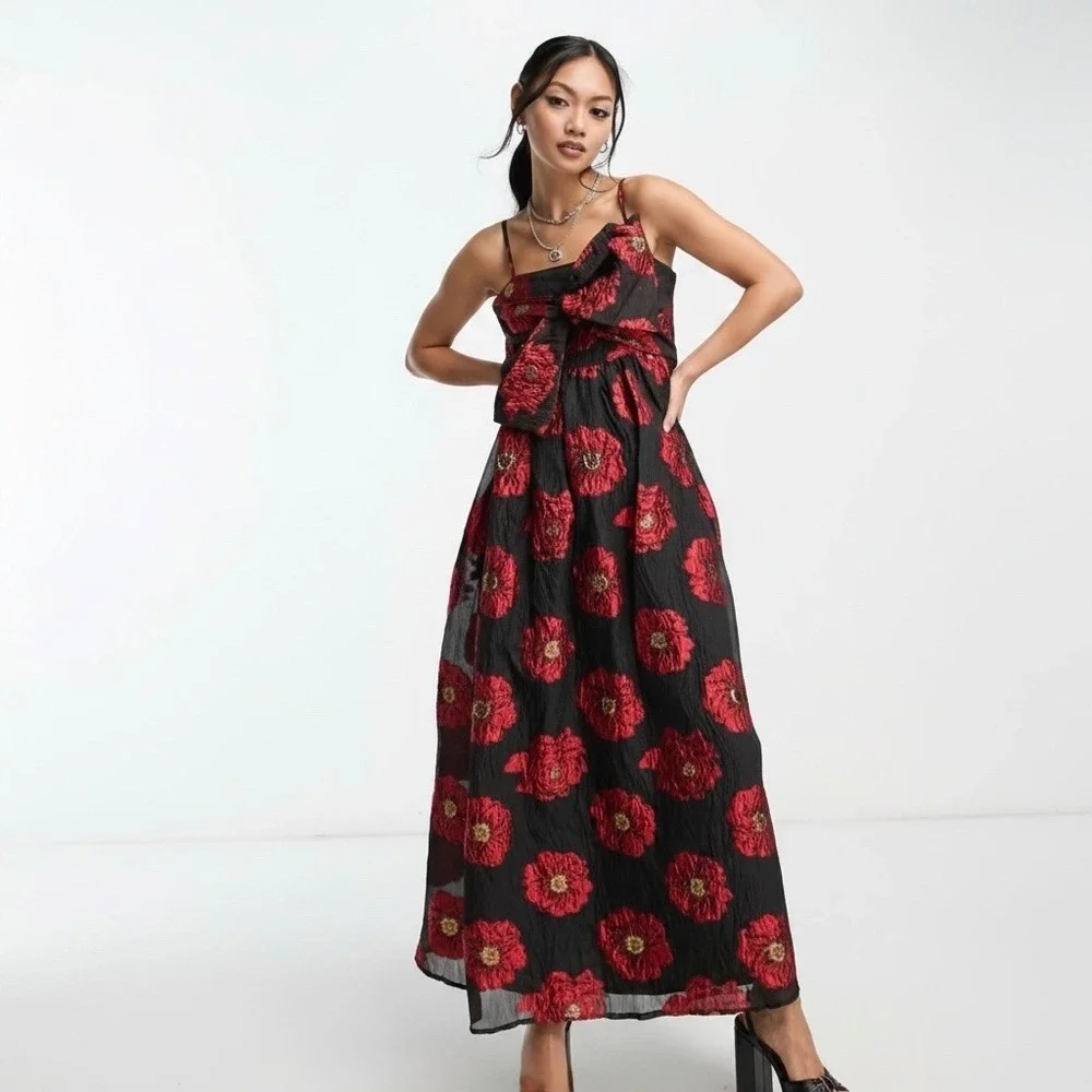 Sister Jane‎ Dream Bardot Dress Red Floral Jacquard Bow Midi XS Sleeveless Black
